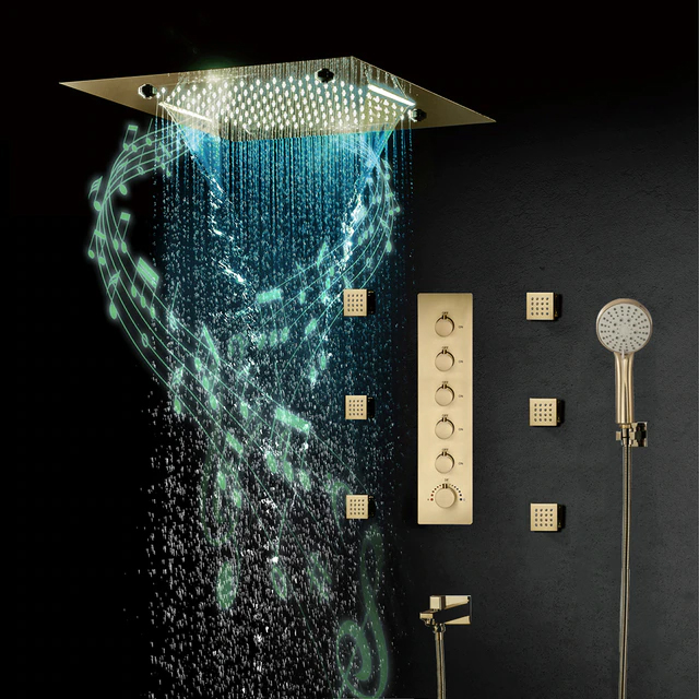 20" Musical Remote Controlled Thermostatic Recessed Ceiling Mount Waterfall Mist Rainfall Shower System with Body Jets and Handheld Shower